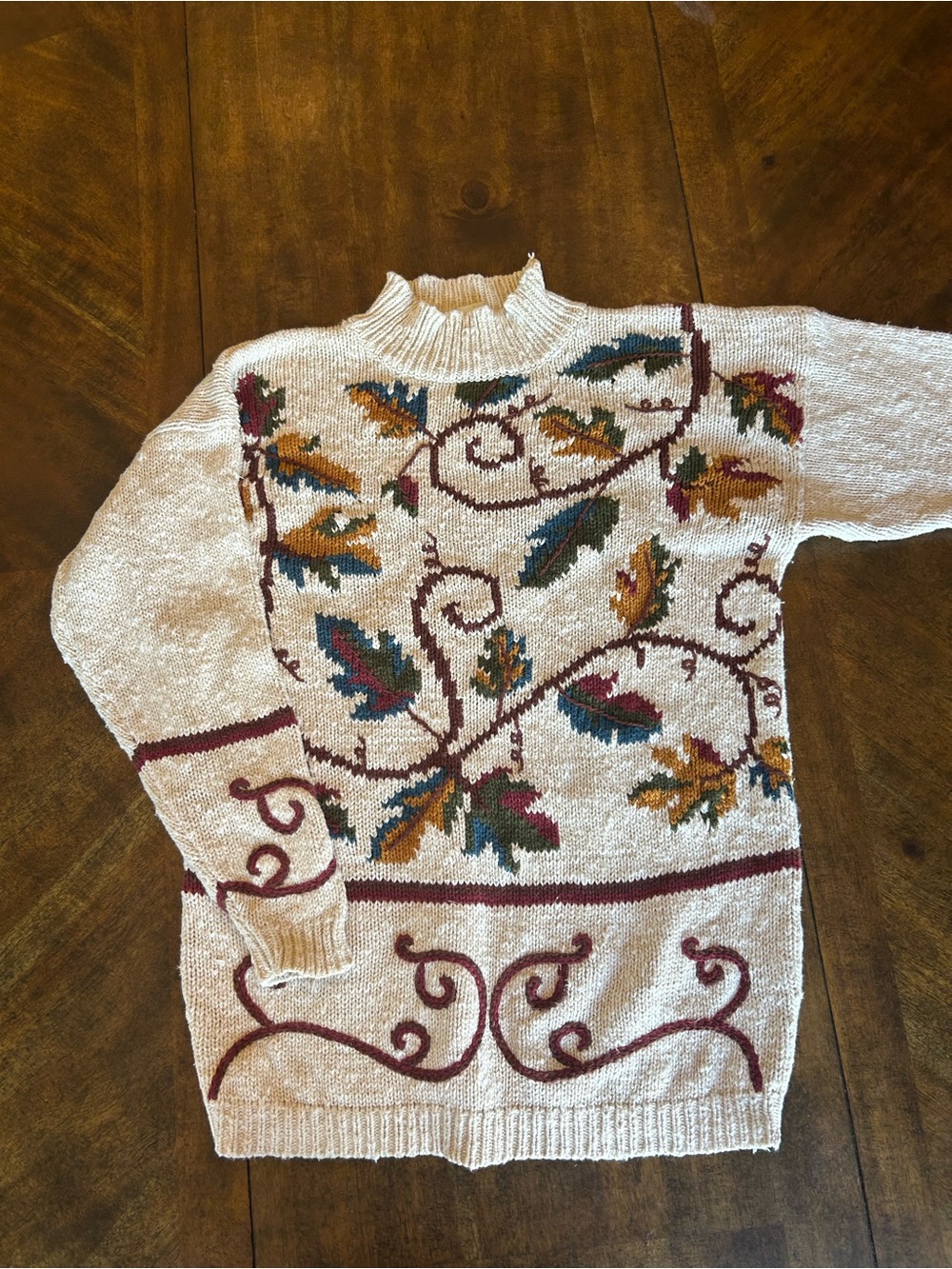 Cream Leafy Vine Hand Knit Sweater - Women's Cozy Pullover Size M
